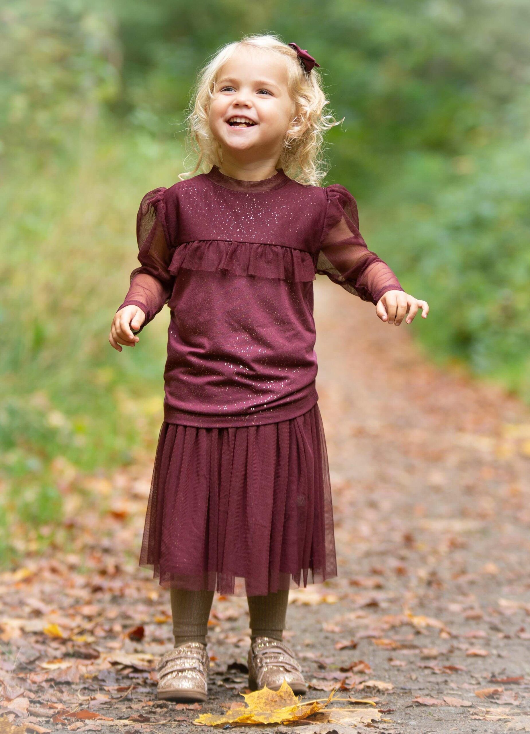 Thorny schweizisk råb op Burgundy/Glitter Zoe bluse med tyl ærmer og flæse