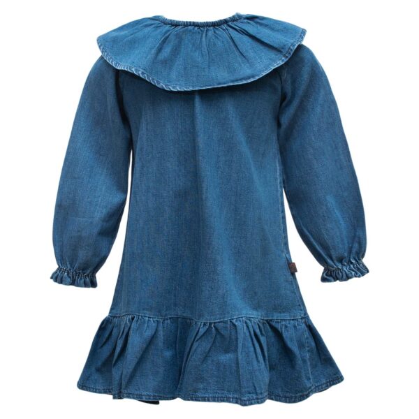 Cleo front | Blue denim Cloe kjole med flæsekrave