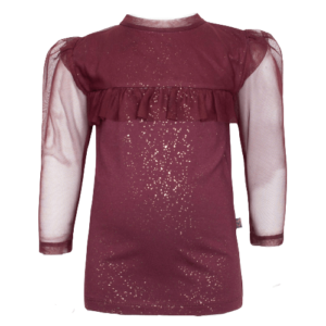 Burgundy/Glitter Zoe bluse med tyl ærmer og flæse